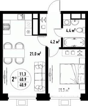 2-к квартира, вторичка, 41м2, 22/25 этаж