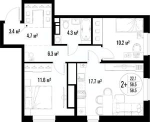 2-к квартира, вторичка, 59м2, 13/25 этаж