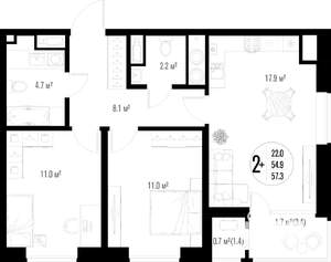 2-к квартира, строящийся дом, 57м2, 14/17 этаж