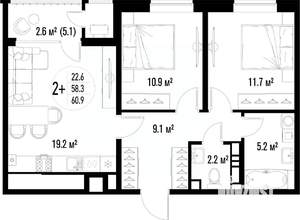 2-к квартира, строящийся дом, 61м2, 25/25 этаж