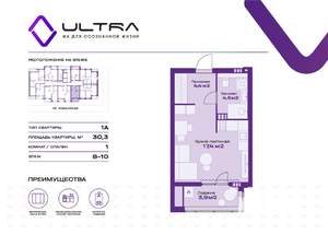 Студия квартира, вторичка, 30м2, 9/19 этаж