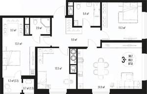 3-к квартира, вторичка, 87м2, 8/17 этаж