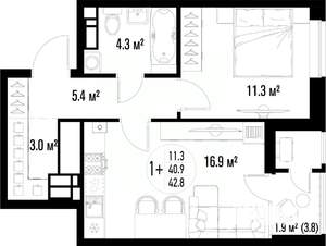 1-к квартира, вторичка, 43м2, 22/25 этаж