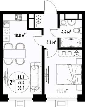 2-к квартира, вторичка, 38м2, 19/25 этаж