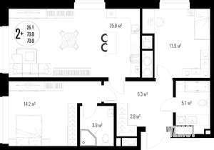 2-к квартира, строящийся дом, 70м2, 1/17 этаж