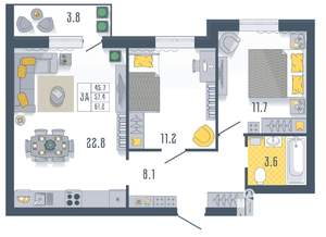 2-к квартира, вторичка, 61м2, 6/17 этаж