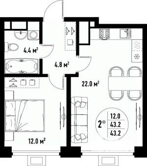 2-к квартира, вторичка, 43м2, 14/25 этаж