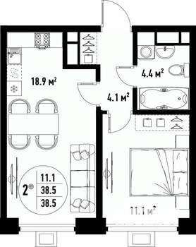 2-к квартира, вторичка, 39м2, 16/25 этаж
