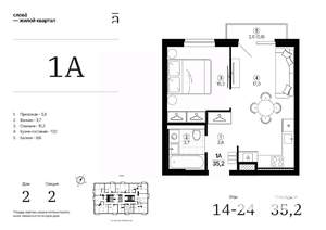 1-к квартира, строящийся дом, 35м2, 22/24 этаж