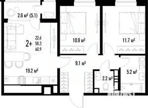 2-к квартира, вторичка, 61м2, 13/25 этаж