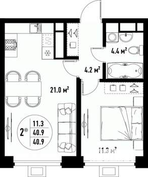 2-к квартира, вторичка, 41м2, 18/25 этаж