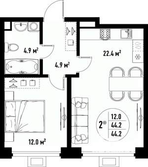 2-к квартира, вторичка, 44м2, 3/25 этаж