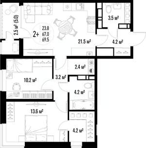 2-к квартира, строящийся дом, 70м2, 21/25 этаж