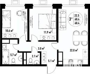 3-к квартира, вторичка, 60м2, 10/25 этаж