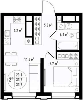 2-к квартира, вторичка, 34м2, 8/24 этаж