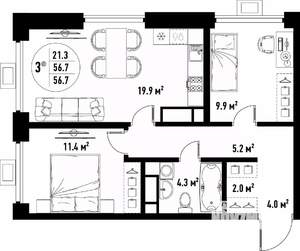 3-к квартира, вторичка, 57м2, 22/25 этаж
