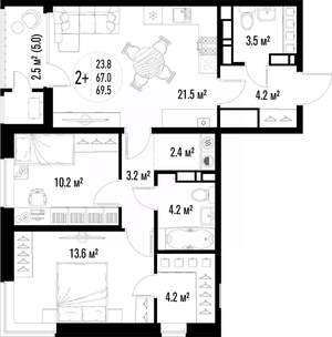 2-к квартира, строящийся дом, 70м2, 24/25 этаж