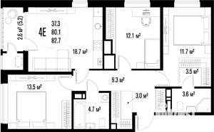3-к квартира, строящийся дом, 83м2, 4/18 этаж