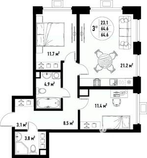 3-к квартира, вторичка, 65м2, 3/25 этаж