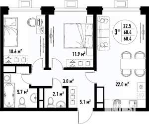 3-к квартира, вторичка, 60м2, 14/25 этаж