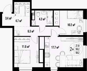 2-к квартира, строящийся дом, 58м2, 19/25 этаж