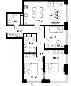 4-к квартира, вторичка, 77м2, 4/25 этаж