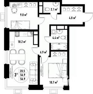 3-к квартира, вторичка, 57м2, 5/25 этаж