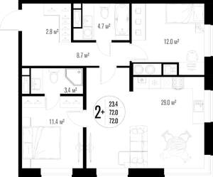 2-к квартира, вторичка, 72м2, 6/18 этаж