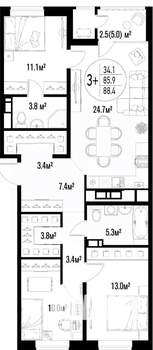 3-к квартира, вторичка, 88м2, 16/20 этаж