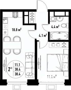 2-к квартира, вторичка, 38м2, 24/25 этаж