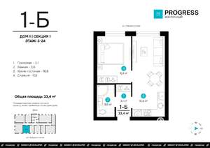 1-к квартира, вторичка, 33м2, 12/24 этаж
