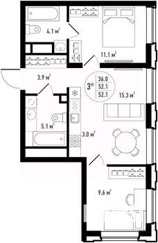 3-к квартира, вторичка, 52м2, 20/24 этаж