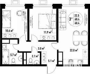 3-к квартира, вторичка, 60м2, 17/25 этаж