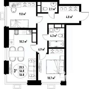 3-к квартира, вторичка, 57м2, 18/25 этаж