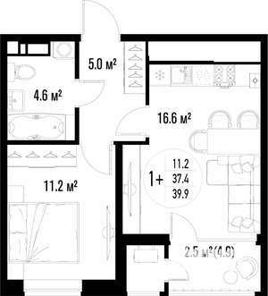 1-к квартира, строящийся дом, 40м2, 14/25 этаж