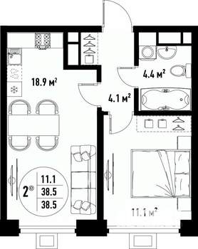 2-к квартира, вторичка, 39м2, 12/25 этаж