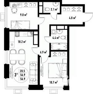 3-к квартира, вторичка, 57м2, 11/25 этаж
