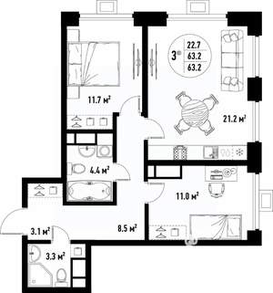 3-к квартира, вторичка, 63м2, 11/25 этаж