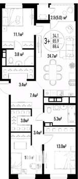 3-к квартира, вторичка, 88м2, 19/20 этаж