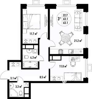 3-к квартира, вторичка, 63м2, 19/25 этаж
