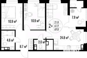 2-к квартира, вторичка, 70м2, 12/20 этаж