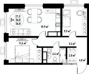 3-к квартира, вторичка, 57м2, 13/25 этаж