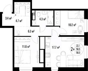 2-к квартира, строящийся дом, 59м2, 8/25 этаж