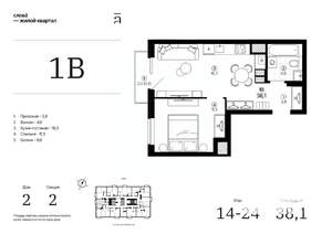 1-к квартира, строящийся дом, 38м2, 19/24 этаж