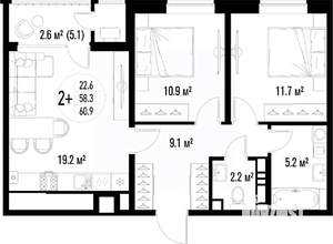 2-к квартира, вторичка, 61м2, 6/25 этаж
