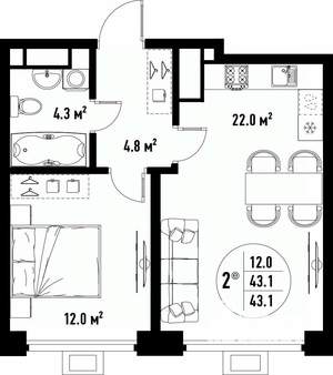 2-к квартира, вторичка, 43м2, 23/25 этаж