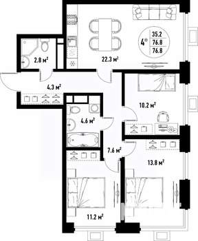 4-к квартира, вторичка, 77м2, 16/25 этаж