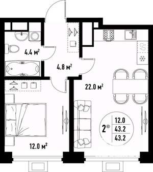 2-к квартира, вторичка, 43м2, 12/25 этаж