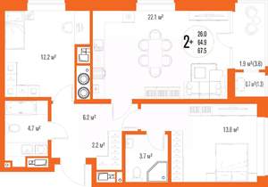 2-к квартира, вторичка, 68м2, 5/17 этаж