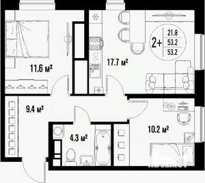 2-к квартира, вторичка, 53м2, 24/25 этаж